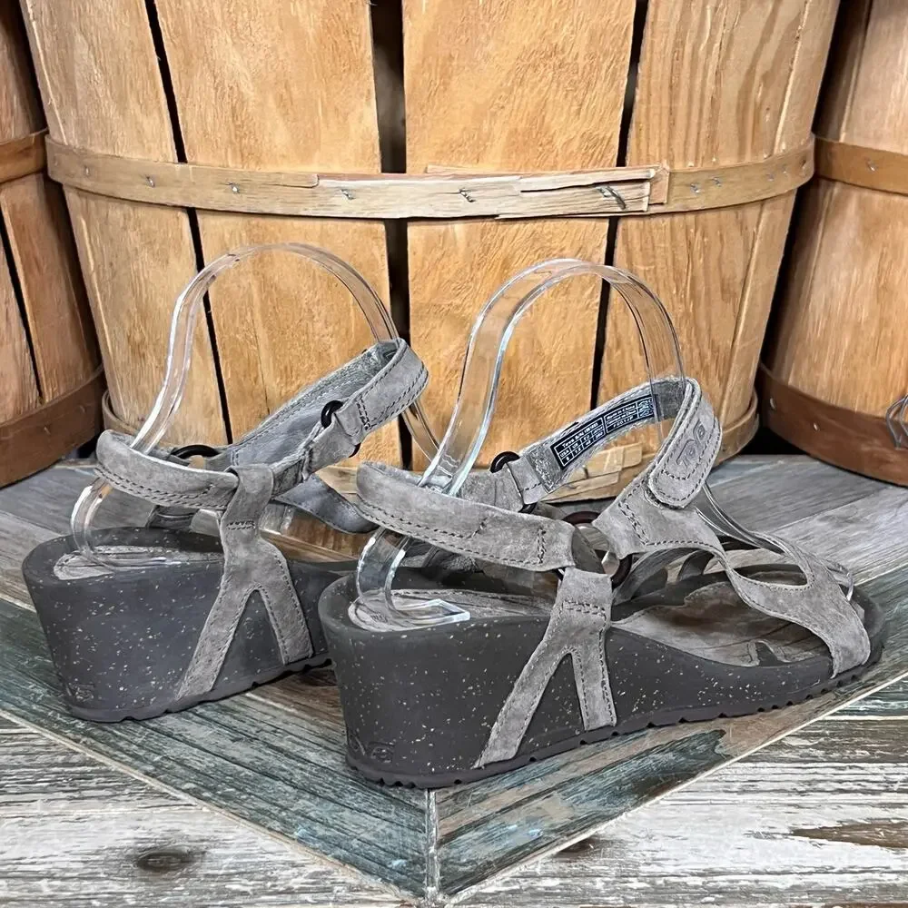 Teva Cabrillo Tan Brown Leather Strappy Adjustable Wedge Sandals Womens Size 9